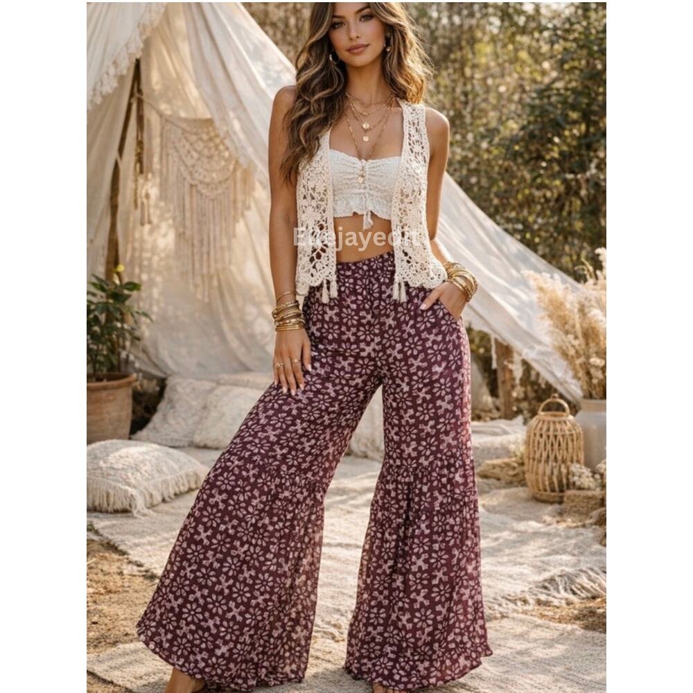 Young Threads Wide Leg Tiered Pants Wine Boho Flowy Festival Pockets Small NWT